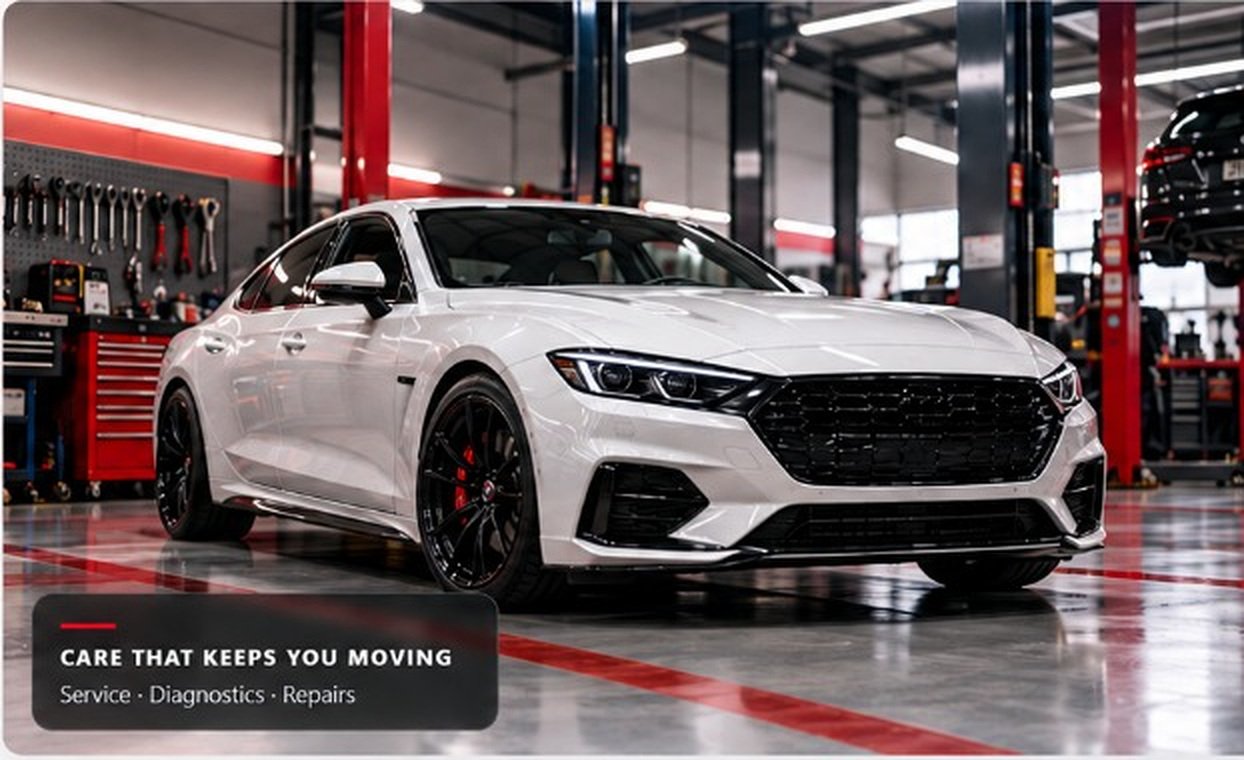 White car in a professional automotive workshop, with the caption Care That Keeps You Moving